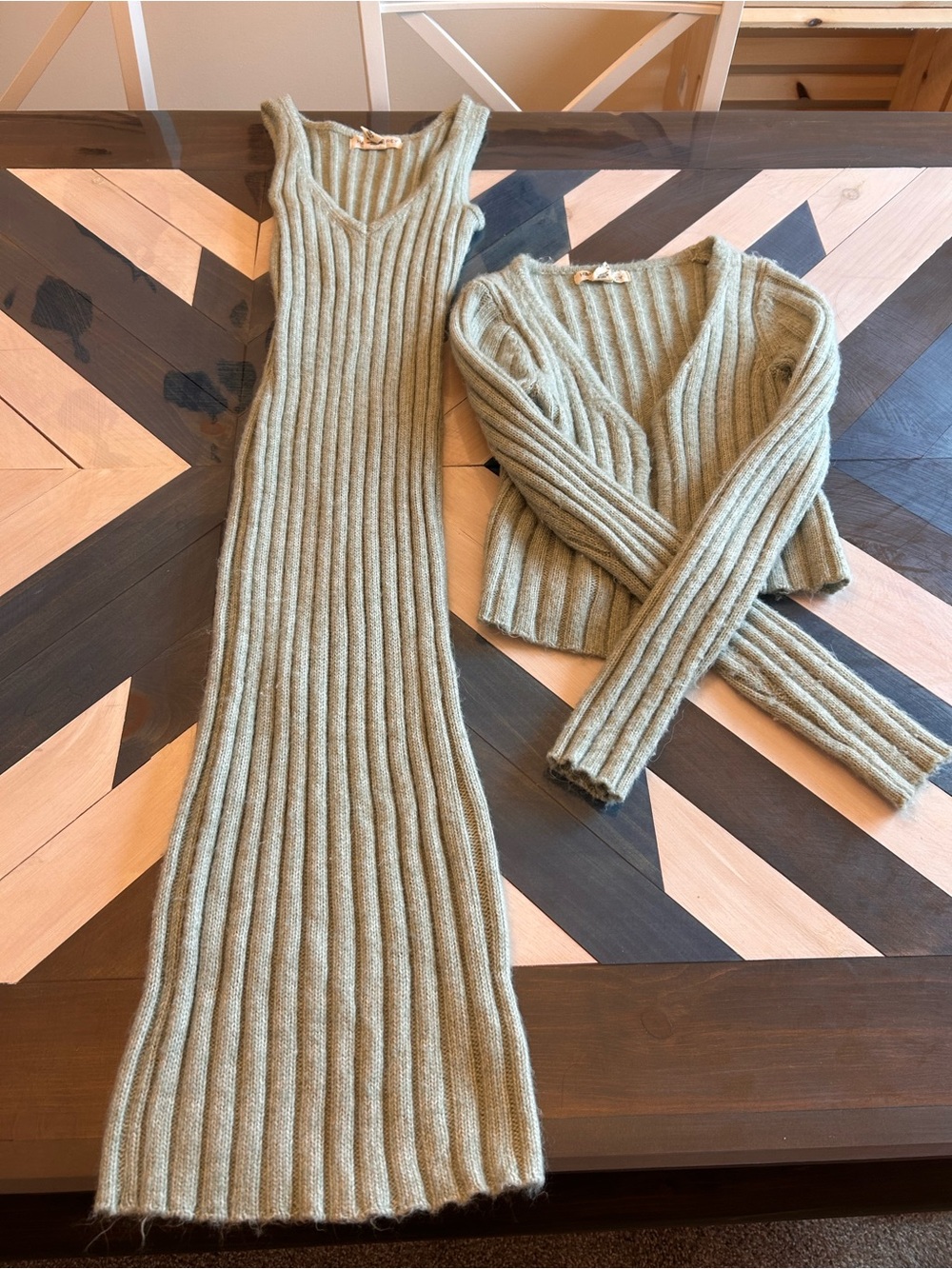 Ribbed Knit Tank Dress & Cardigan Set - light blue/green ish